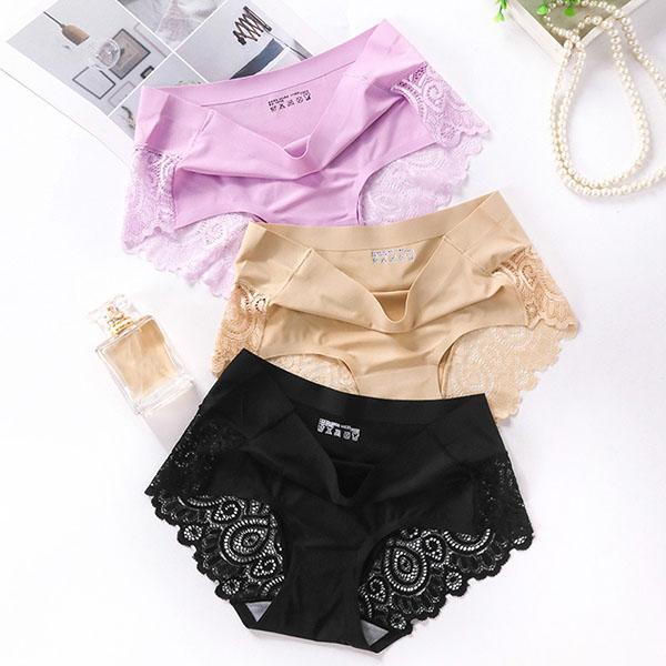 3Pcs/Set Women's Large Size Cotton Crotch Panties Female Breathable Mid-waist Seamless Solid Color Lace Briefs