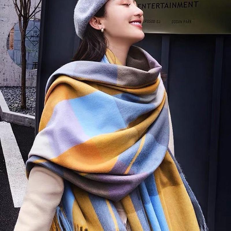 Plus Velvet Thickened Ladies Plaid Scarf Women's All-match Autumn and Winter Warm Bib Shawl Dual-use Cashmere-like Soft Warm Fabric