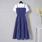 Women Vintage High Waist Round Neck Holiday Splicing Dress Elegant Slim Large Size Pleated Short Sleeve Casual Dress