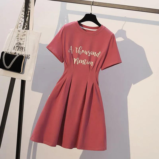 Women Summer Short Sleeve Vintage High Waist Casual Dress Elegant Slim Letter Print Pleated Large Size Dress