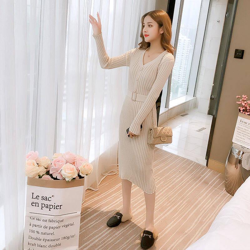 Elegant Knitted Dresses Women Skinny Sweater Split Dress Ribbed Ladies with Belt