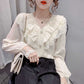 Women Summer Petal Sleeve Hollow Out Flower Lace Patchwork Shirt Slim Elegant Female Versatile Blouse Chic Button Top