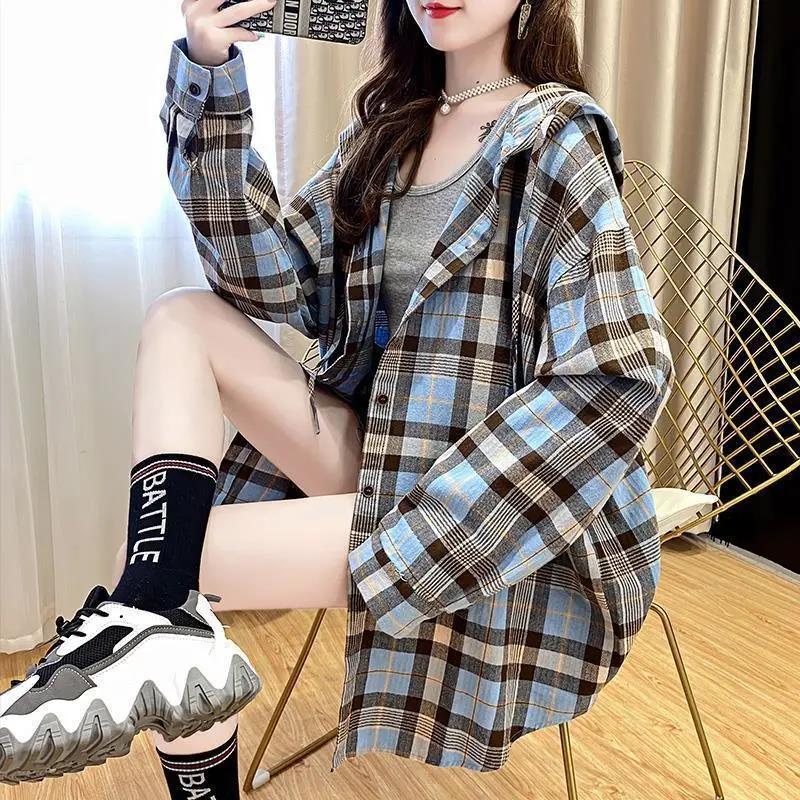 Women Plaid Shirt Retro Contrast Color Cotton Coat Casual Hooded Button Shirt for Youth