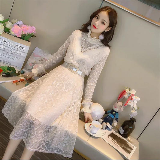 Autumn and Winter All-match Dresses In The Long Section Thinner Lace Bottoming Shirt Loose Women Can Not Be Mechanically Washed