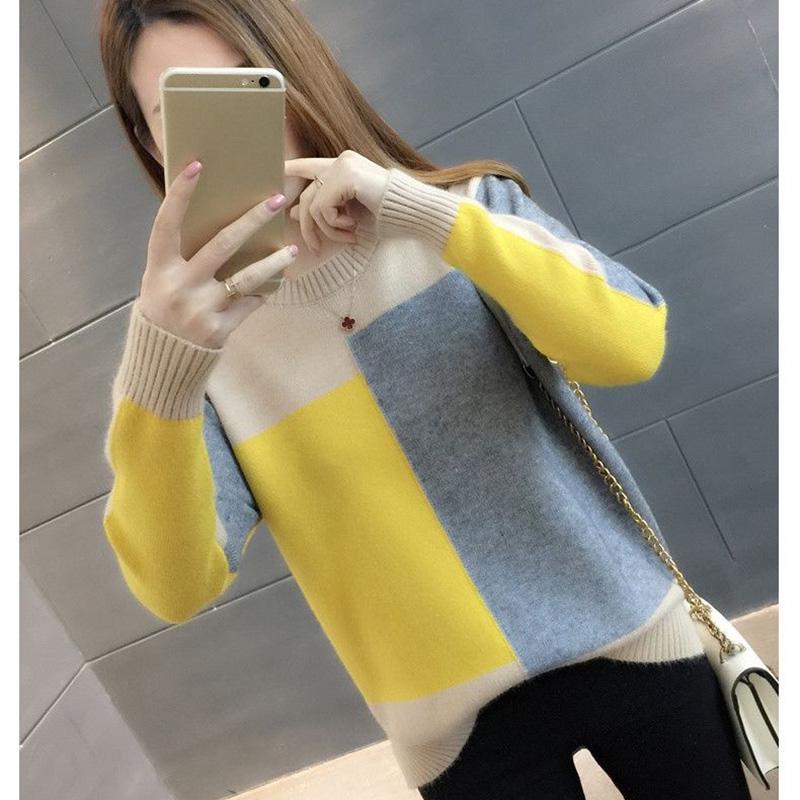 Candy-colored Knitted Bottoming Shirt Color Matching Thin Loose Blouse Plus Size Long-sleeved Sweater Women