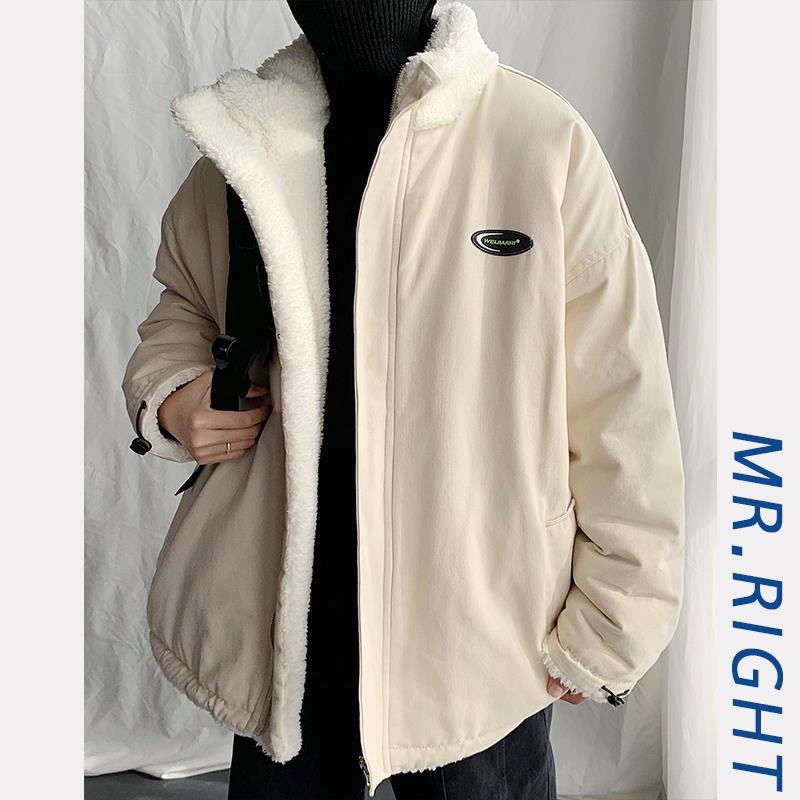 Double-sided Cotton-padded Jacket Hong Kong Style Ins Cotton-padded Jacket Plus Velvet Thick Bread Suit Jacket Men's Winter Lamb Velvet Jacket