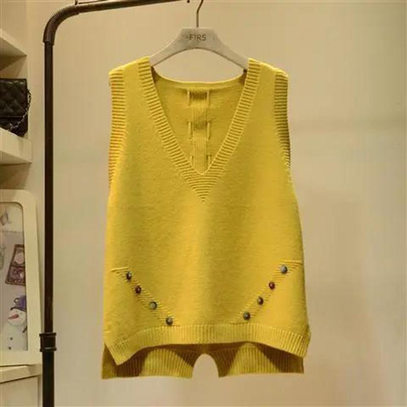 Color Button V-neck Knitted Vest Women Loose and Versatile Back Strap Sweater Vest Ladies Pure Color Vest Thin Sweater