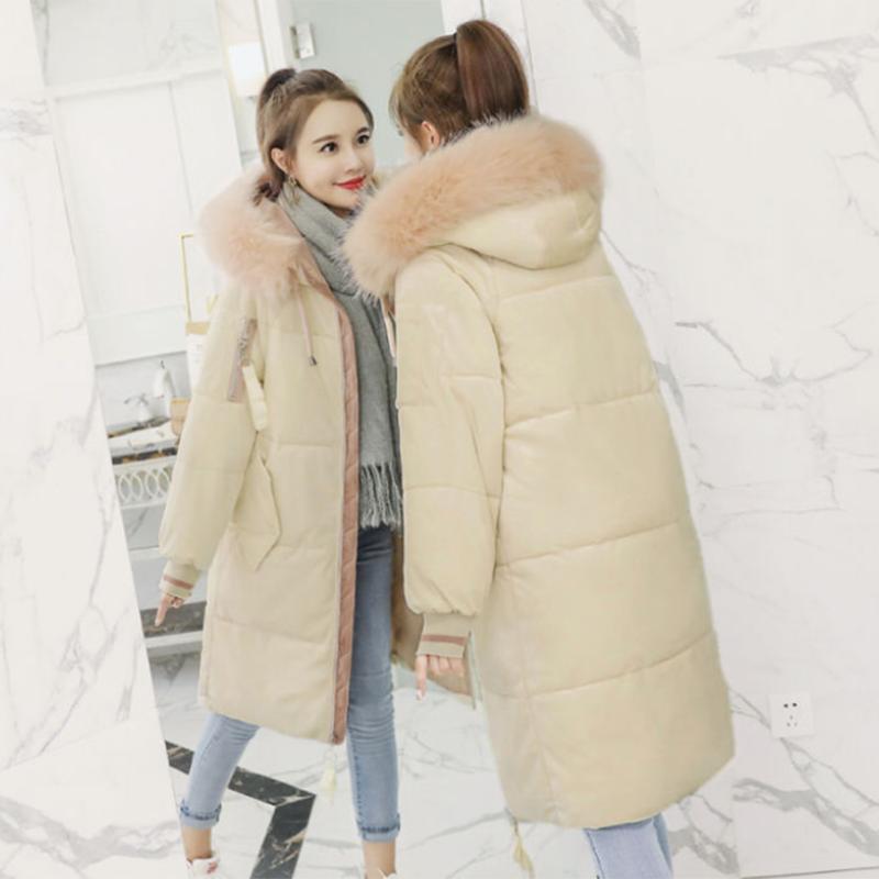 Women's Solid Color Down Jacket Mid-length Korean Loose Thick Coat Warm Cotton Coat Big Fur Collar Winter Clothes Quilted Coat