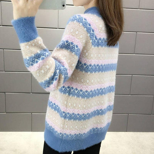 Autumn and Winter Mohair Loose Sweater Casual Jacquard Knitted Bottoming Shirt Thickened Pullover Women's Sweater