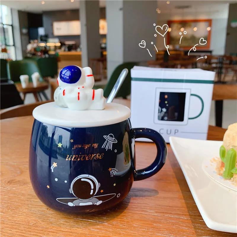 Starry Sky Mug with Lid Spoon Astronaut Ceramic Cup Nordic Male and Female Students Milk Coffee Cup Couple Cup