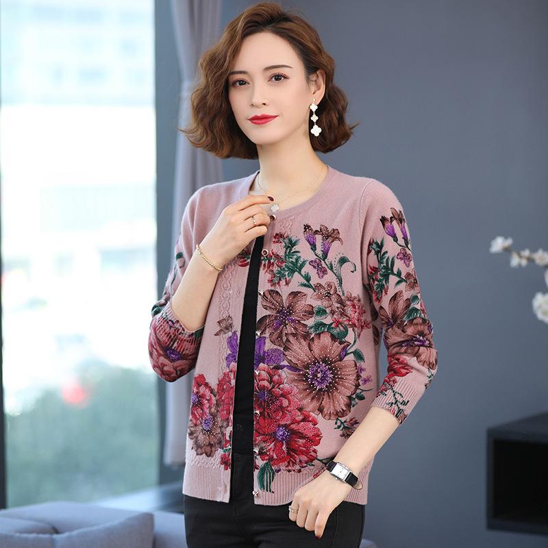 Autumn and Winter Printed Cardigan Women's Plus Size Casual Sweater Coat High-end Wool Sweater