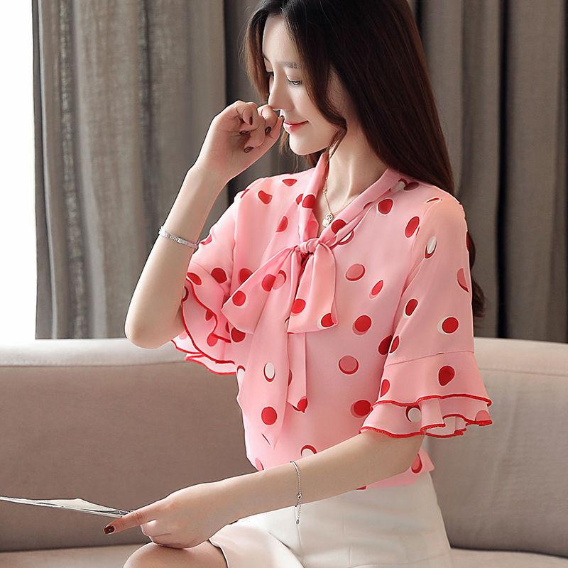 Sweet Shirt Summer Polka Dot Half-sleeved Top Women's Lotus Leaf Collar Polka Dot Shirt Short-sleeved Chiffon Shirt Tie Bow Shirt