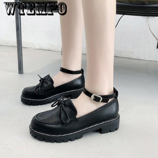 Sweet Lolita Princess Shoes Cute Bow Round Head Black Waterproof Platform College Women Shoes