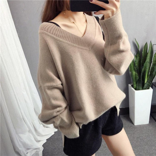 Women Casual V-Neck Long Sleeve Solid Loose Knitwear Pullover Sweater