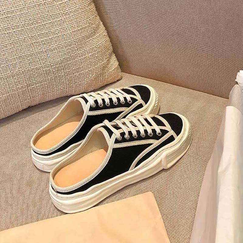 Half Slippers Women's Outer Wear Shoes Summer Casual Lazy One-foot Flat Shoes Canvas Shoes