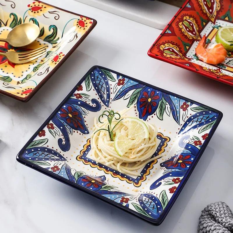 Bohemian Square Plate Ceramic Dish Creative Fruit Plate Square Breakfast Plate Western Dinner Plate Household Tableware