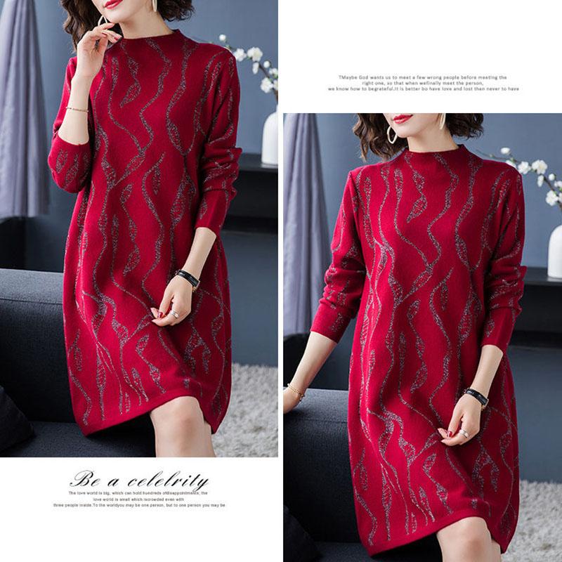 Autumn and Winter Mid-length Plus Size Bottoming Shirt Fashion Knitted Casual Dress Bright Silk Middle-aged Women Sweater Dress