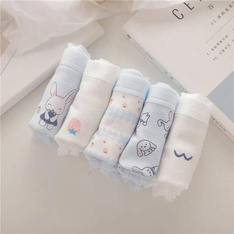 5 Pairs of Women's Plus Size Cotton Underwear Student Cartoon Breathable Cotton Crotch Underwear Girl Japanese Briefs