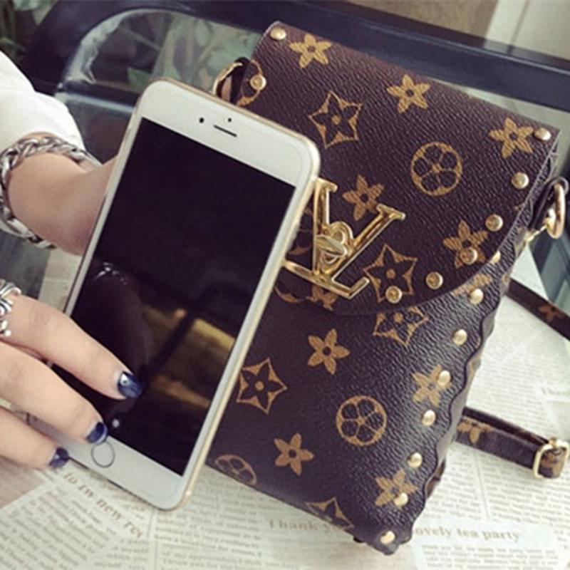 2piece Women's mobile phone bag coin purse retro printing Korean rivet small shoulder bag mini crossbody bag and clutch wallet