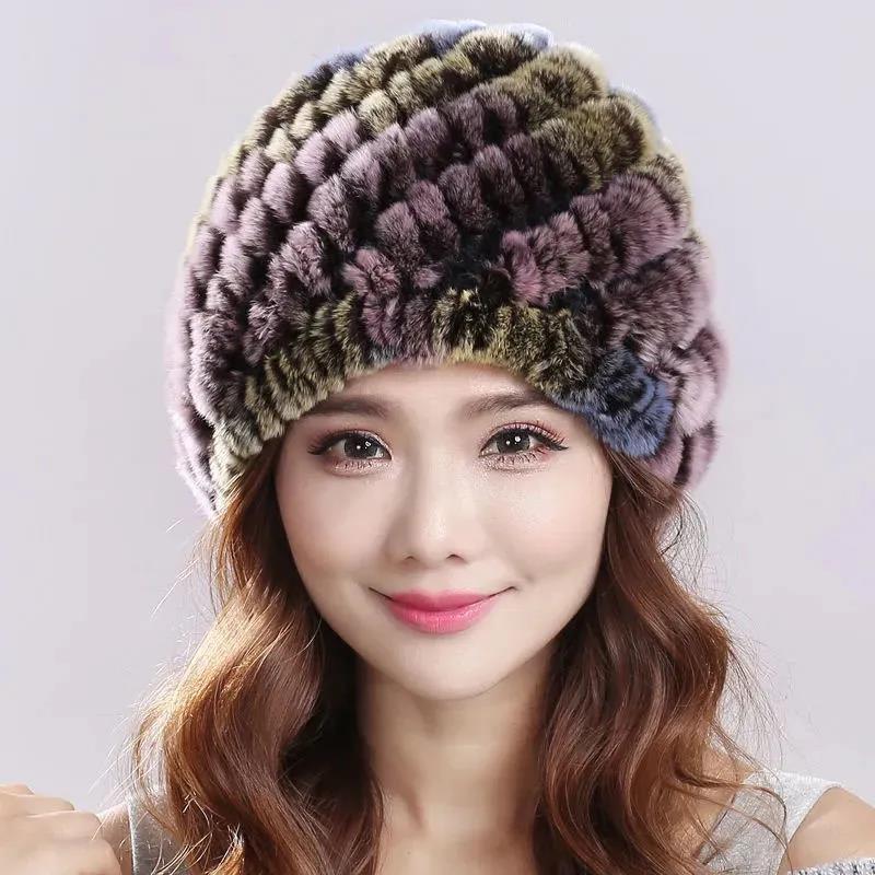 Rex Rabbit Fur Hat Female Winter Thickened Warm Hat Fashion Color Striped Plush Hat