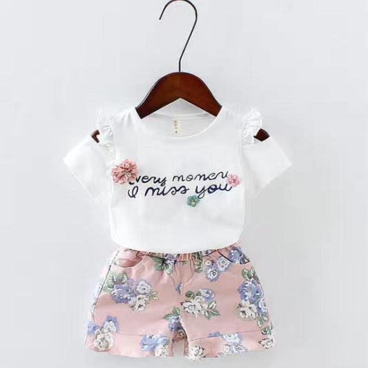 2PCS Children Clothing Set Spring Summer Girls Suits Printing Short Sleeve Tops + Pants Clothing Set