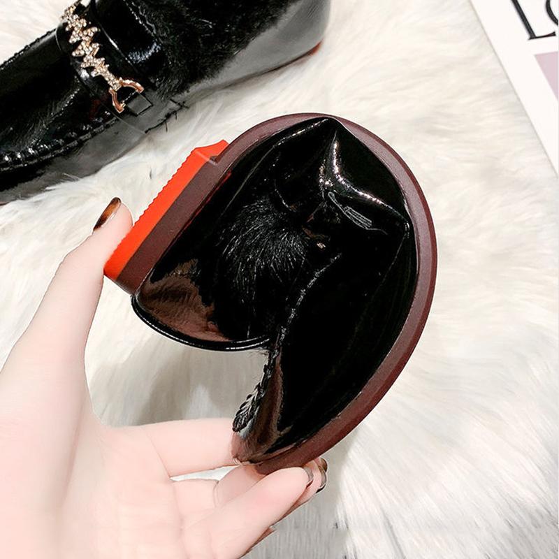 Plush Plush Shoes Women's Flat Loafers Peas Shoes Patent Leather Soft Sole Soft Surface Warm Shoes Comfortable and Warm