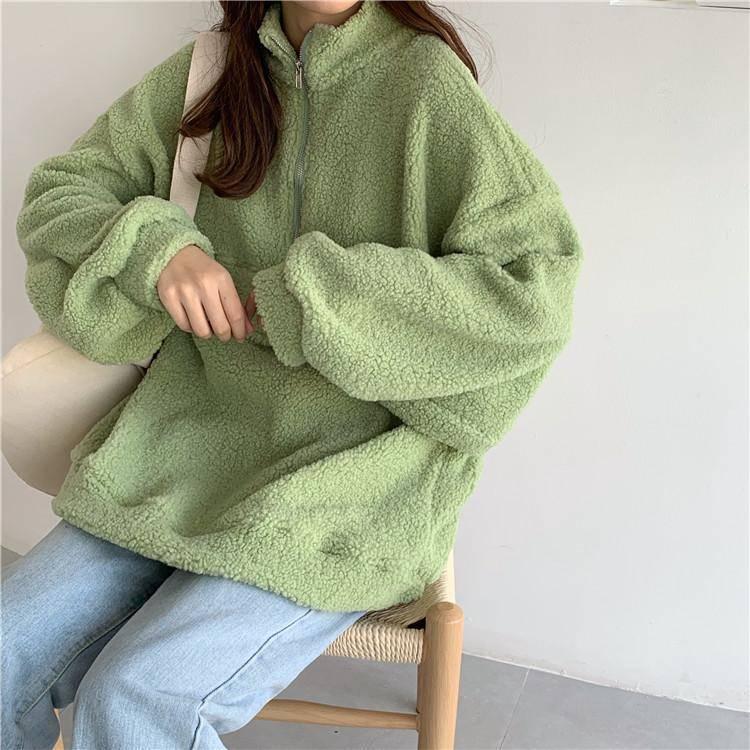 Half Zipper Stand-up Collar Padded Sweater Student Lazy Style Loose Coat Women