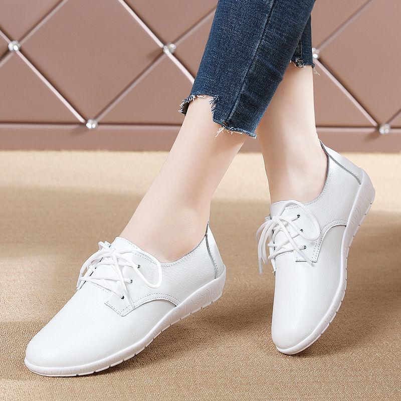 Flat Bottom White Shoes with Round Toe Non-slip All-match Women's Shoes Soft Soles Faux Leather White Shoes Light and All-match