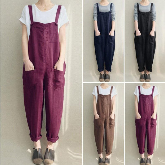 Women Casual Linen Jumpsuits Overalls Pants with Pockets Vintage Linen Harem Pants