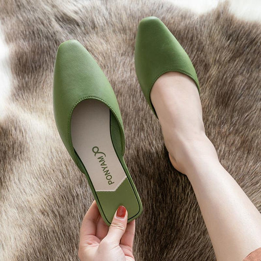 Baotou Half Slippers Female Summer Wear Flat Bottom Low Heel One-foot Lazy Sandals and Slippers Female Retro Pointed Toe Shoes