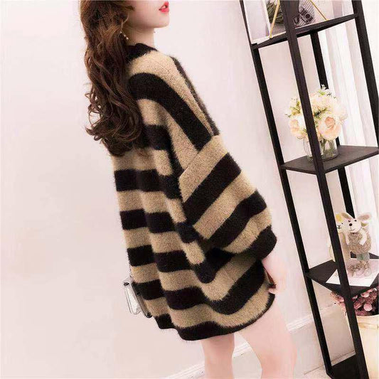 Autumn and Winter Imitation Mink Thick Sweater Striped Pullover Sweater Women Fashion Casual Jacket