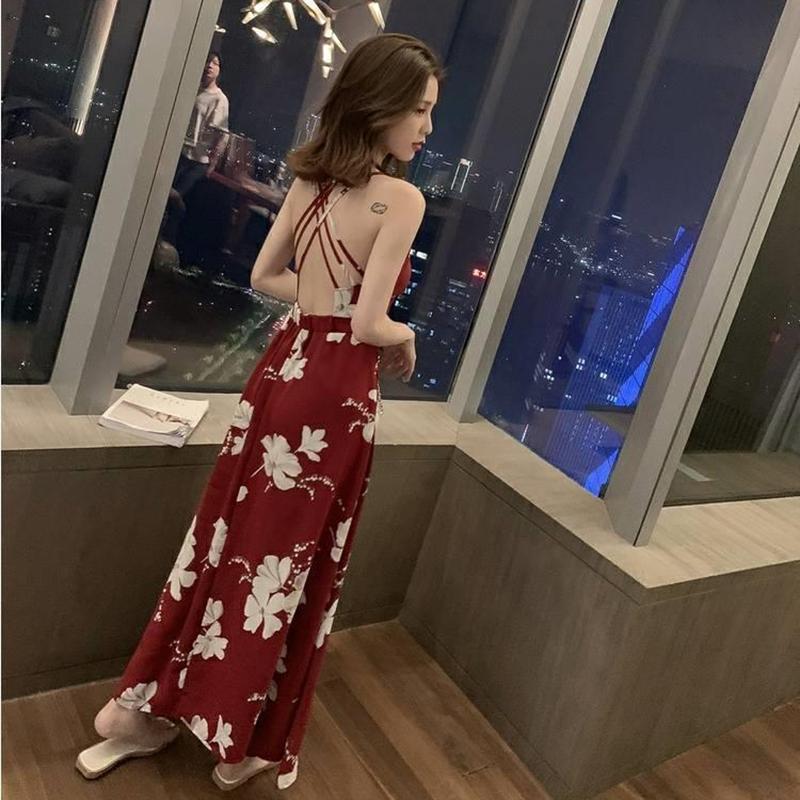 Summer Korean Mid-length Printed Halter Sexy Sling Dress Women's Holiday Big Swing Beach Dress