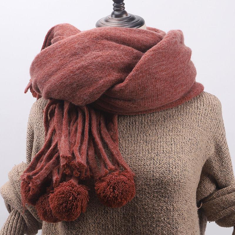 Scarf Female Autumn and Winter Fur Ball Tassel Thick Warm Plaid Shawl Scarf