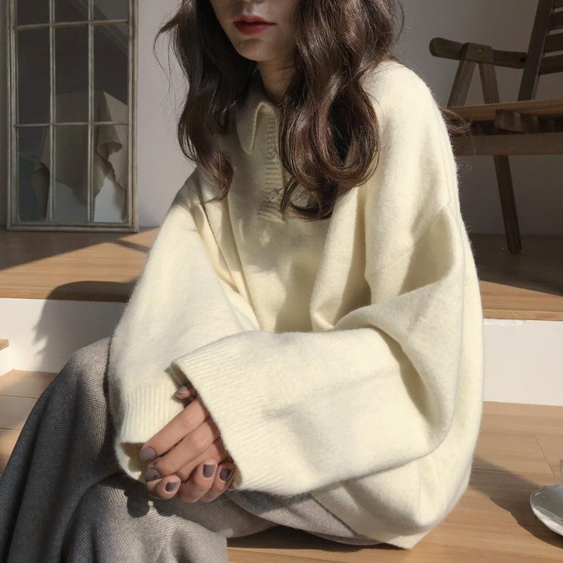 Pofulove Autumn Winter Mid-length Sweater Loose Solid Color POLO Collar Sweater Jacket Female