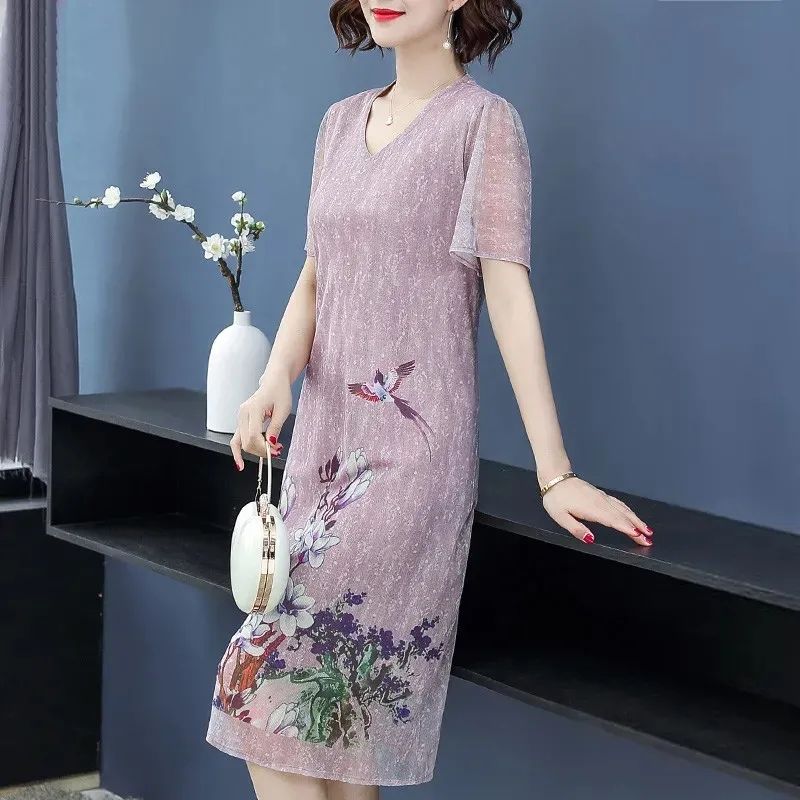 L-XXXXXL Women's Summer Dres Mother Chiffon Veil Short Sleeve Printing Mid-length Daily Wear