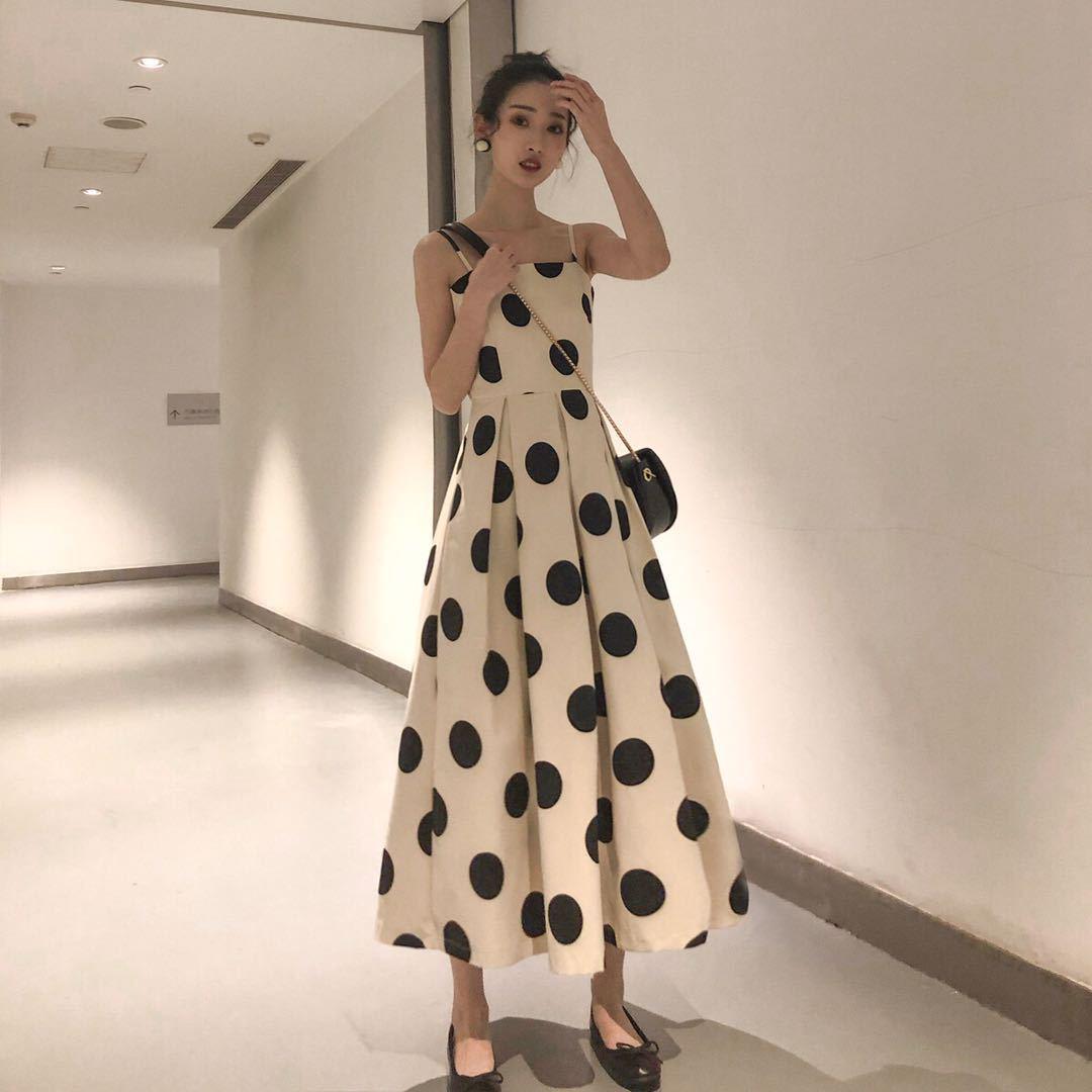 2020 Long Split Vestidos Women Straps Sleeveless Summer Sundress Polka Dot Printed Dress Female