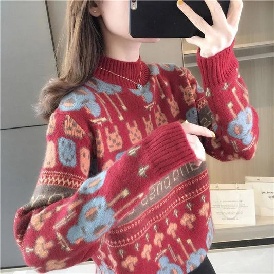 Autumn and Winter High-neck Fashion Jacquard Sweater Loose Half Turtleneck Pullover Knitted Retro Print Large Size Sweater