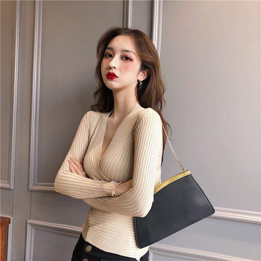 Pofulove Sexy Girl Must-have Base Knitwear Cross V-Neck Slim Knitwear Solid Color Bottoming Sweaters