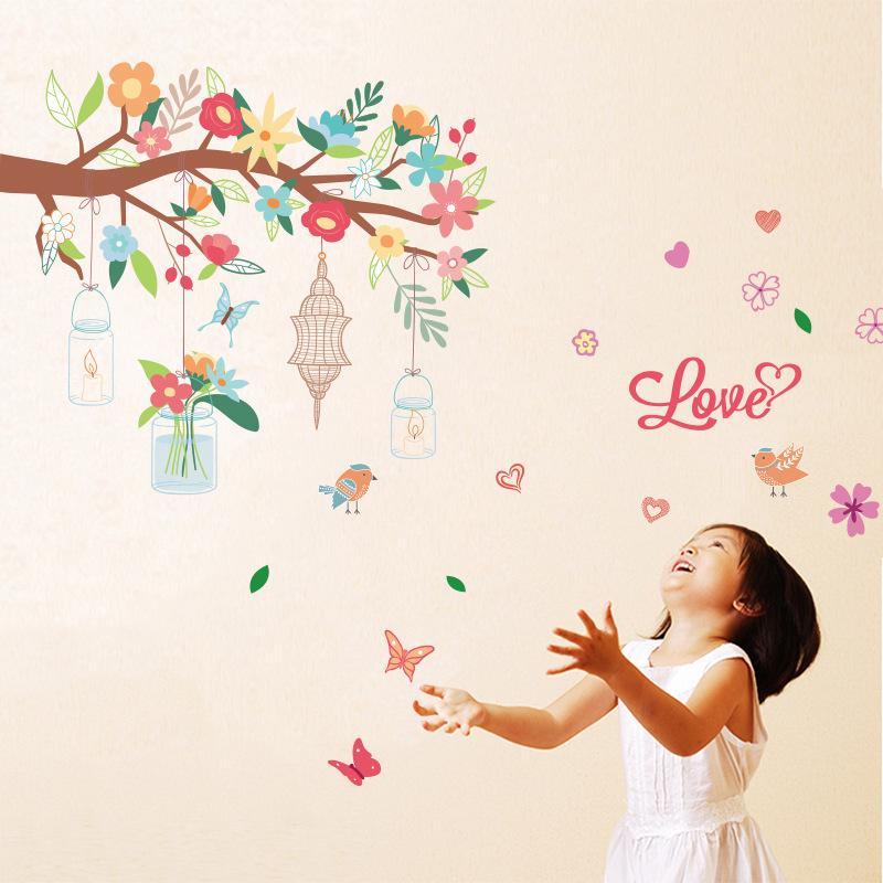 Pink Romantic Bird Cage Flower Colorful Tree Removable Wall Sticker Waterproof Wallpaper