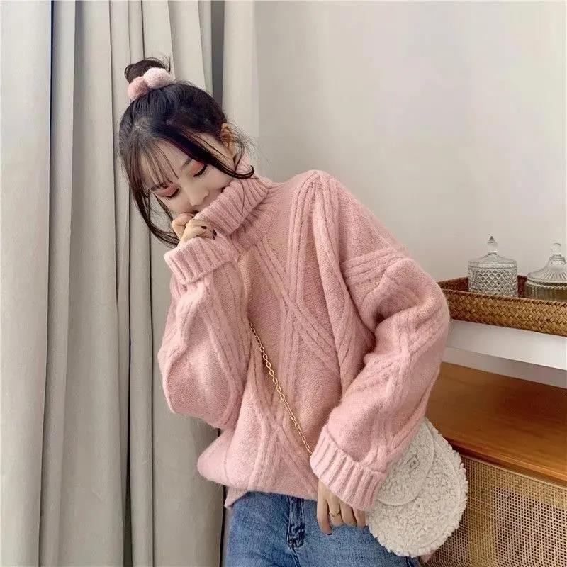 Outer Wear Lazy Wind Loose Turtleneck Sweater for Autumn and Winter Women's Thick Knit Sweater Base Coat Warm Jacket Women's Sweet Sweater