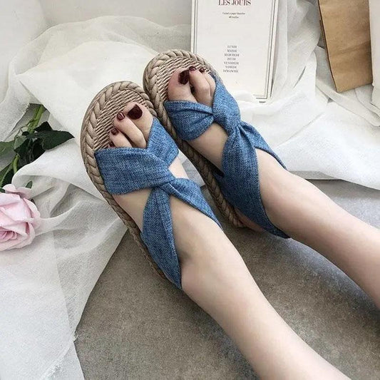 Flat-bottomed Sandals Women's Summer All-match Denim Cloth Cover Roman Shoes Korean Version Non-slip Wear-resistant Sandals