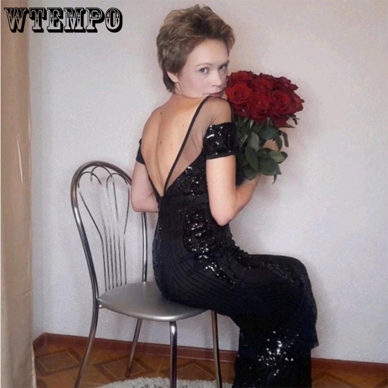 Black Long Mermaid Dress Night Party Elegant Dresses Women Sequin Off Shoulder Backless Sexy Slim Short Sleeve