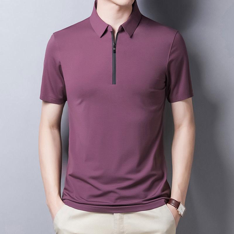 Men's Lapel Zipper T-shirt Solid Color Short-sleeved T-shirt POLO Shirt Middle-aged and Elderly Casual Tops