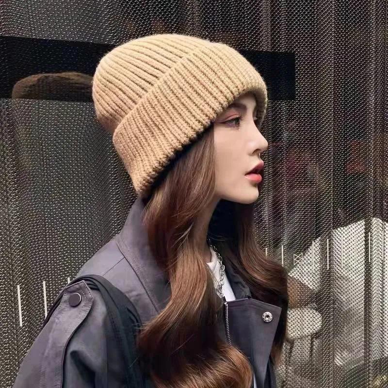 Women's Big Head Circumference Thick Knitted Hat Small Face Dome Beret Hat Street Woolen Hat Japanese Autumn and Winter Ear Protection Warm Pile Hat