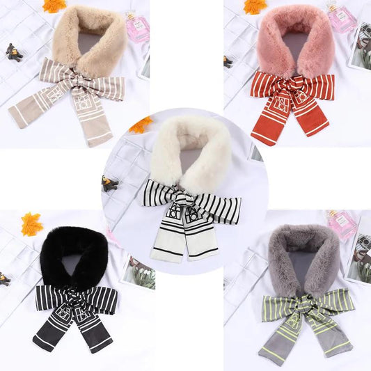 Winter Thick Imitation Rabbit Fur Scarf Printed Silk Ribbon Scarf Korean Version of Wild Warm Women's Collar