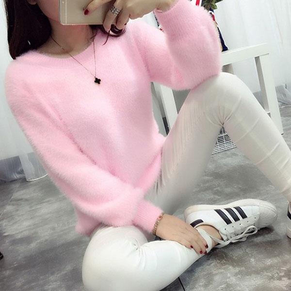 Autumn and Winter Round Neck Short Top Loose Pullover Solid Color Long-haired Sweater Thick Mohair Bottoming Shirt