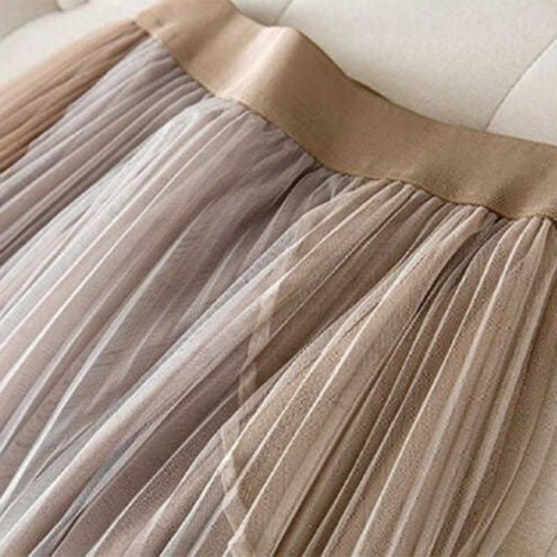 Summer Pleated Printed Mesh Skirt High Waist Thin Elastic Waist Mid-length Large Swing Skirt Women