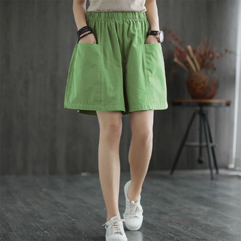 Cotton Shorts Women Loose High Waist Wide Leg Summer Straight Casual Cool Comfortable Elastic Waist Big Pocket Pure Color Simplicity