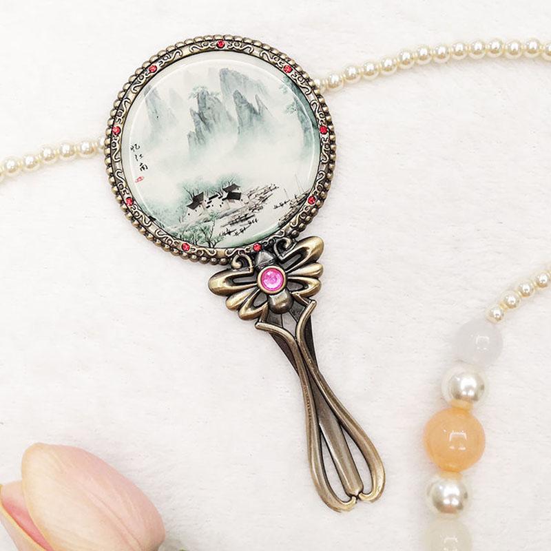 HD Retro Makeup Mirror Portable Hand-held Small Mirror Women Exquisite Mirror with Handle Metal Round Classical Style