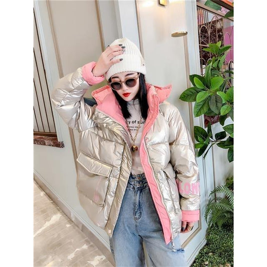 Autumn and Winter Color Bright Face Color Matching Short Down Padded Jacket Hooded Two-color Loose Casual Bread Jacket